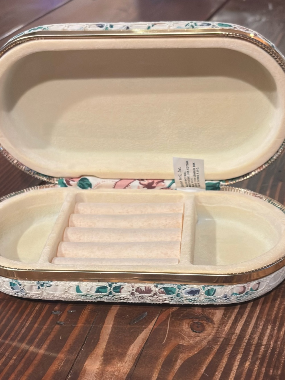 Vintage Floral Fabric withGold & Lace Accent Oval Jewelry Case 8”x4”